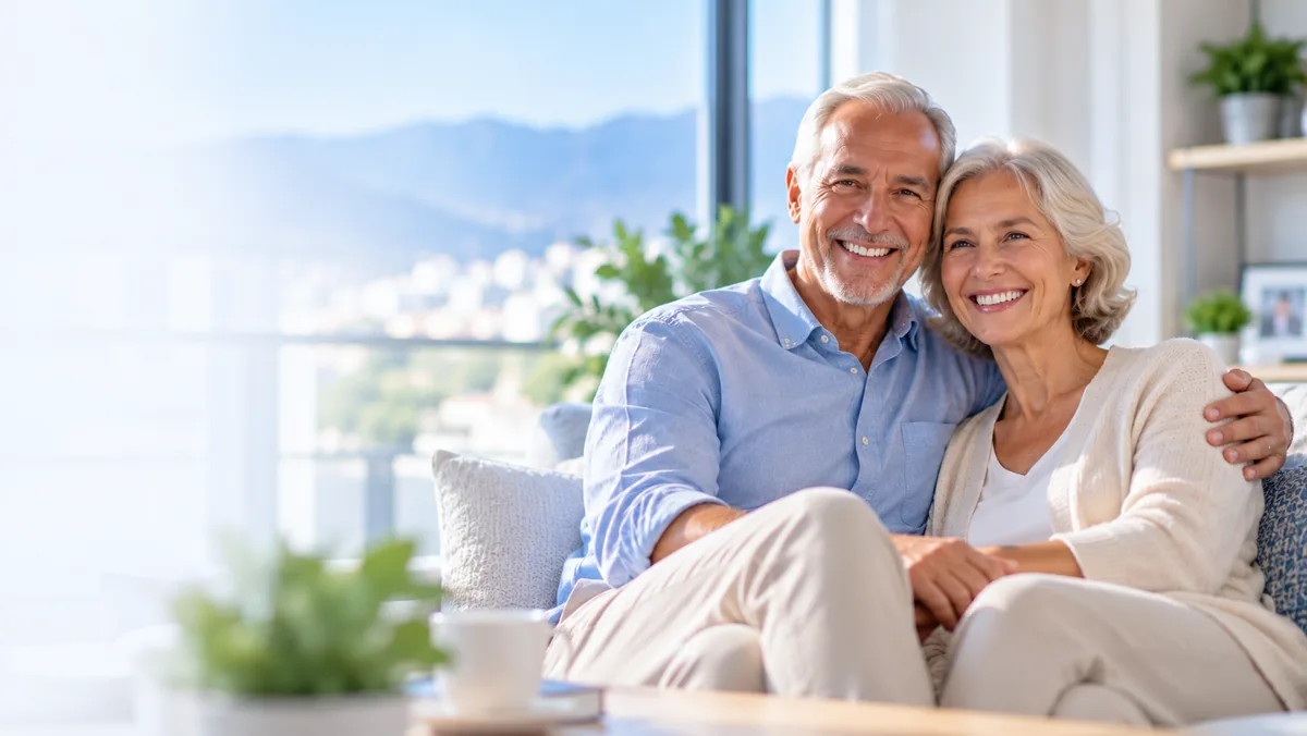 Una pareja de adultos mayores sonríe abrazada en el sofá de su hogar luminoso, con tranquilidad y bienestar